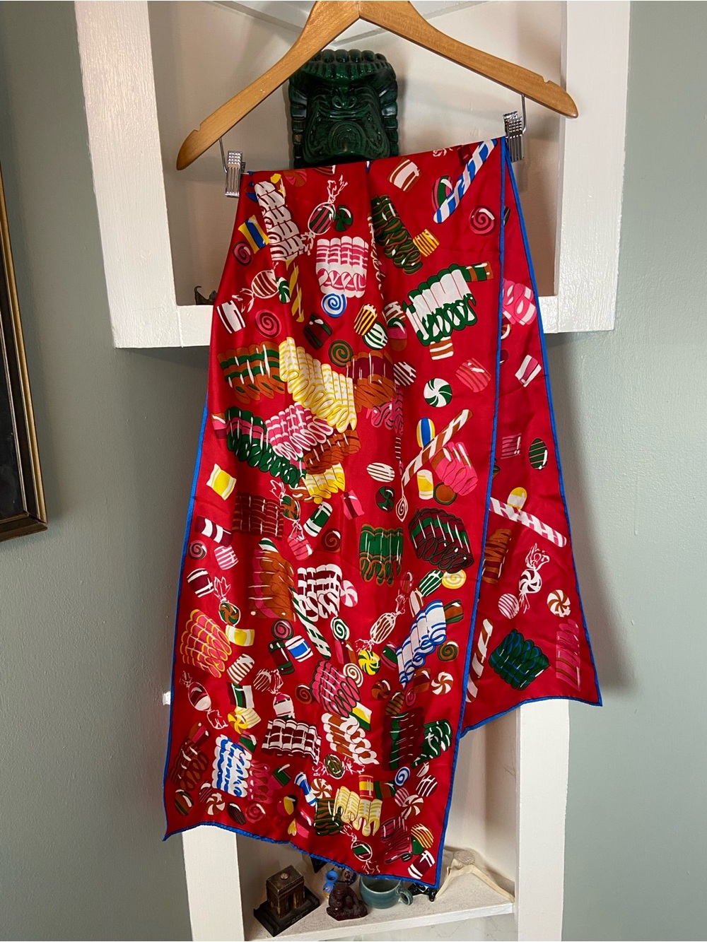 Vintage Perry Ellis Red Ribbon Hard Candy Print Novelty Silk Scarf Long